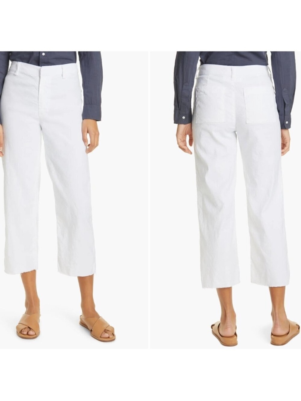 Frank and Eileen White Kinsale Cropped Pants w/ Raw Hem Cotton and Flax